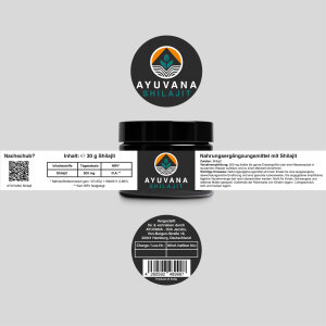 Vollständiges Produktlabel auf der Shilajit Verpackung