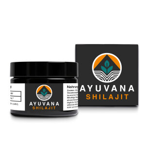 AYUVANA Shilajit in einem schwarzem Glas und Umverpackung
