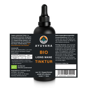 AYUVANA Bio Lions Mane Tinktur - Label mit sämtlichen Produktinformationen