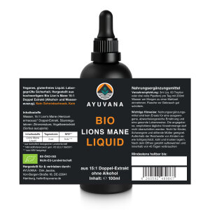 AYUVANA Bio Lions Mane Liquid - Abbildung der Flasche mit vollständigem  Produkt- und Bio Label