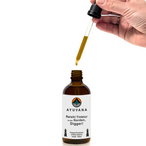 AYUVANA Reishi Tinktur ausm Norden, Digger! Ein Tropfen läuft aus der Pipette