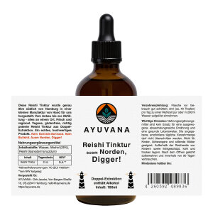 AYUVANA Reishi Tinktur - Label mit Produktinformationen