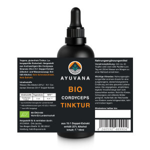 AYUVANA Bio Cordyceps Tinktur - Label mit sämtlichen Produktinformationen
