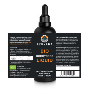 AYUVANA Bio Cordyceps Liquid - Abbildung der Flasche mit vollständigem  Produkt- und Bio Label