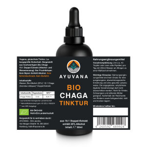 AYUVANA Bio Chaga Tinktur - Label mit sämtlichen Produktinformationen