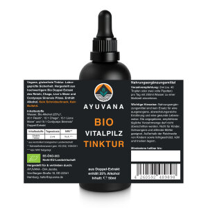 AYUVANA Bio Vitalpilz Tinktur - Label mit sämtlichen Produktinformationen