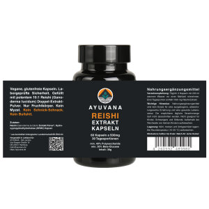 AYUVANA Reishi Vitalpilz-Kapseln - Ansicht des Produktlabels