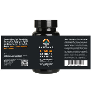 AYUVANA Chaga Kapseln - Ansicht des Produktlabels mit Informationen