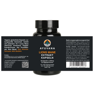 AYUVANA Lions Mane Vitalpilz Kapseln - Ansicht des Produktlabels