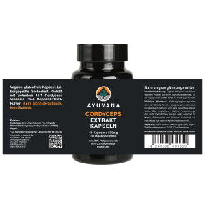 AYUVANA Cordyceps Kapseln - Ansicht des Produktlabels