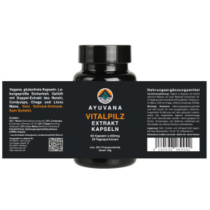 AYUVANA Vitalpilz Kapseln - Ansicht des gesamten Produklabels