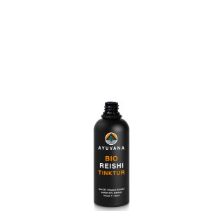 AYUVANA Bio Reishi Tinktur - offene Glasflasche mit Schraubverschluss
