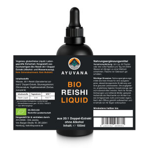 AYUVANA Bio Reishi Liquid - Abbildung der Flasche mit vollständigem  Produkt- und Bio Label